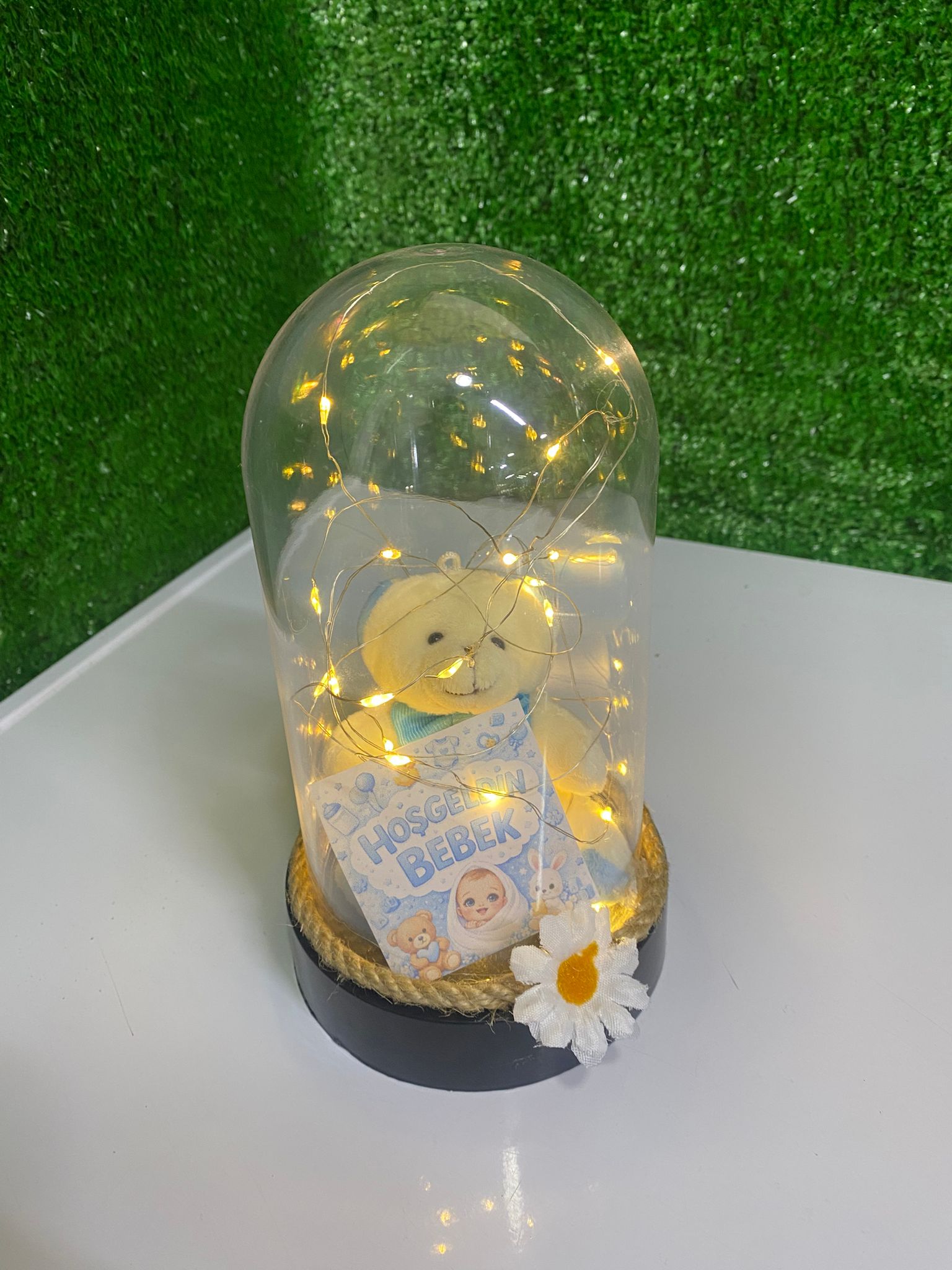 Hoşgeldin Bebek Işıklı Fanus – Erkek Bebek Ayıcıklı Tasarım